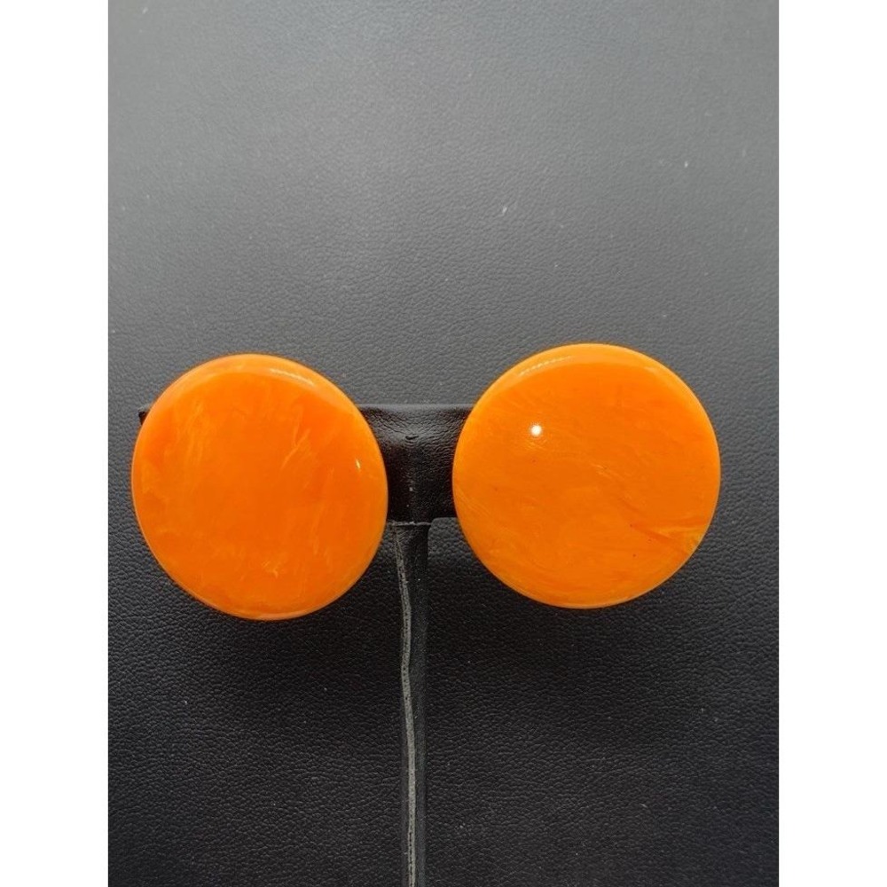 Vintage Bakelite Round Butterscotch Swirl Yellow Orange Clip On Earrings